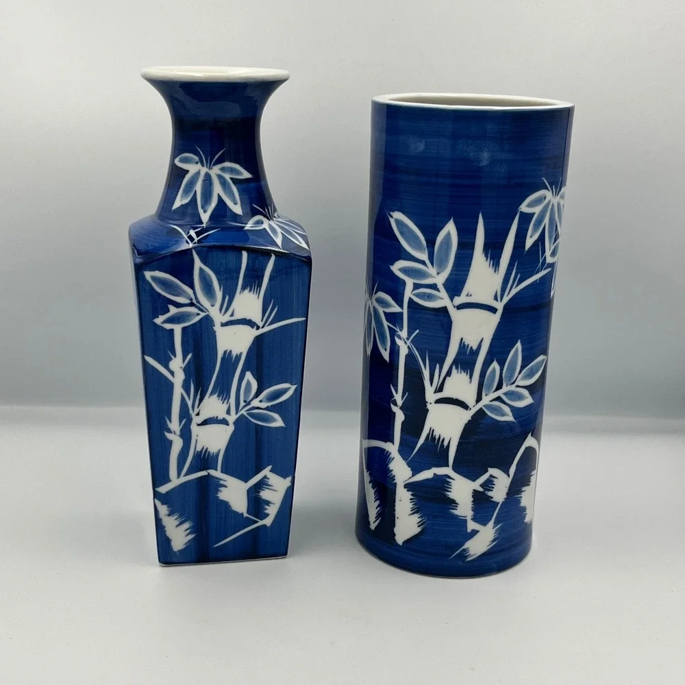 Trimont‎ Ware Blue & White Porcelain Vases Set Bamboo Design Decorative